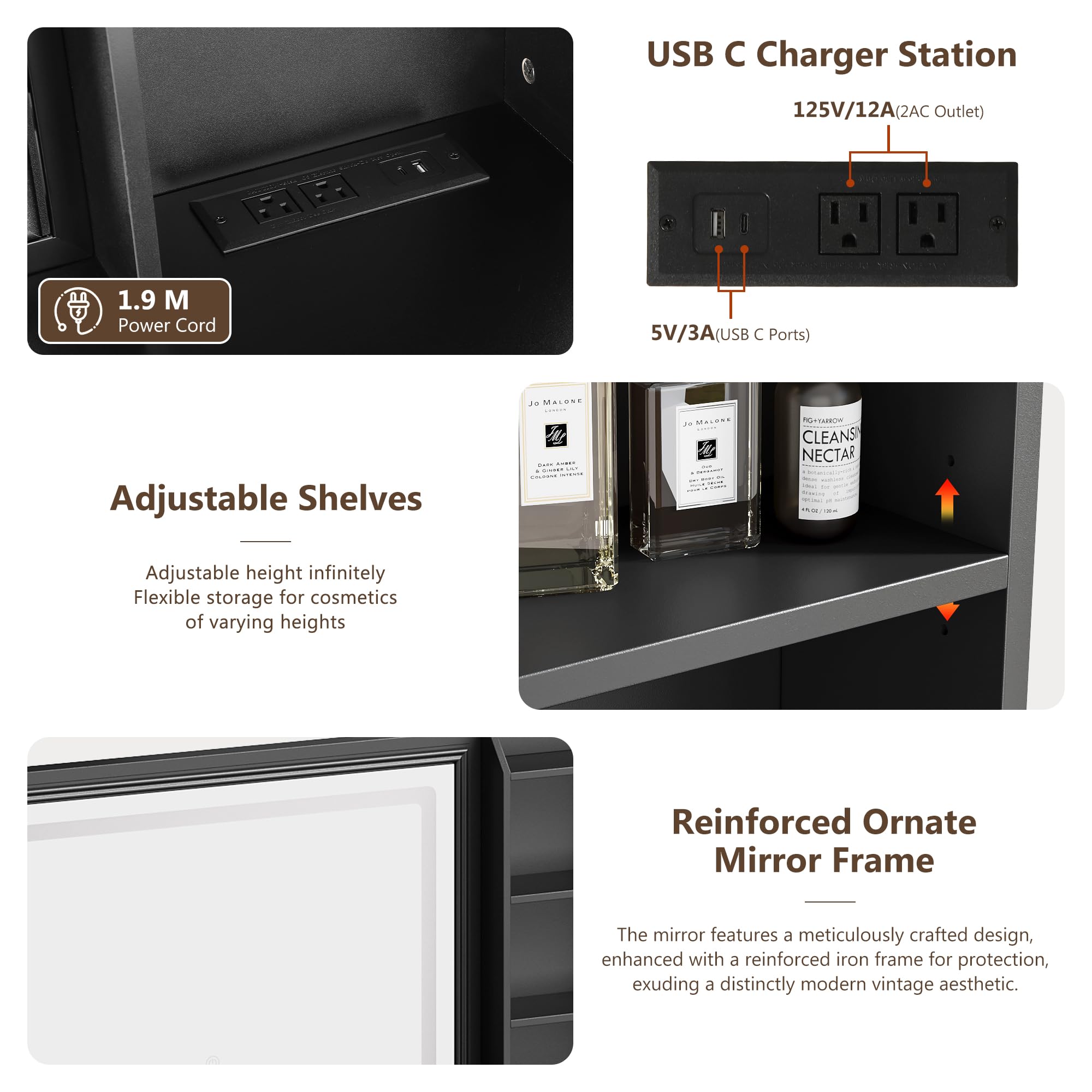 60" Fluted Vanity Desk with Mirror and Lights