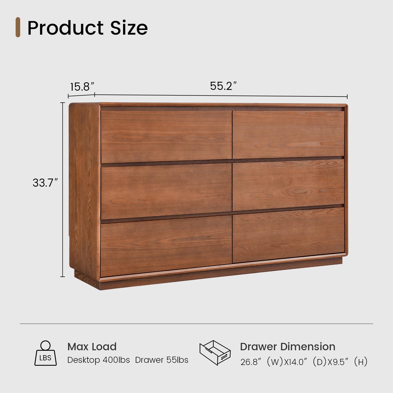 Solid Wood 6 Drawer Dresser 55.2" Wide Mid Century Modern