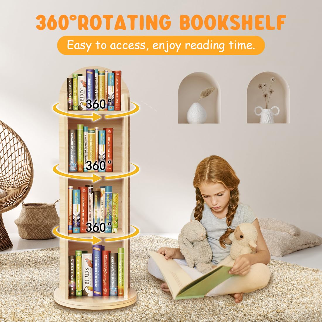 Kids Rotating Bookshelf with Mirror 48 Inch Wood Floor Standing