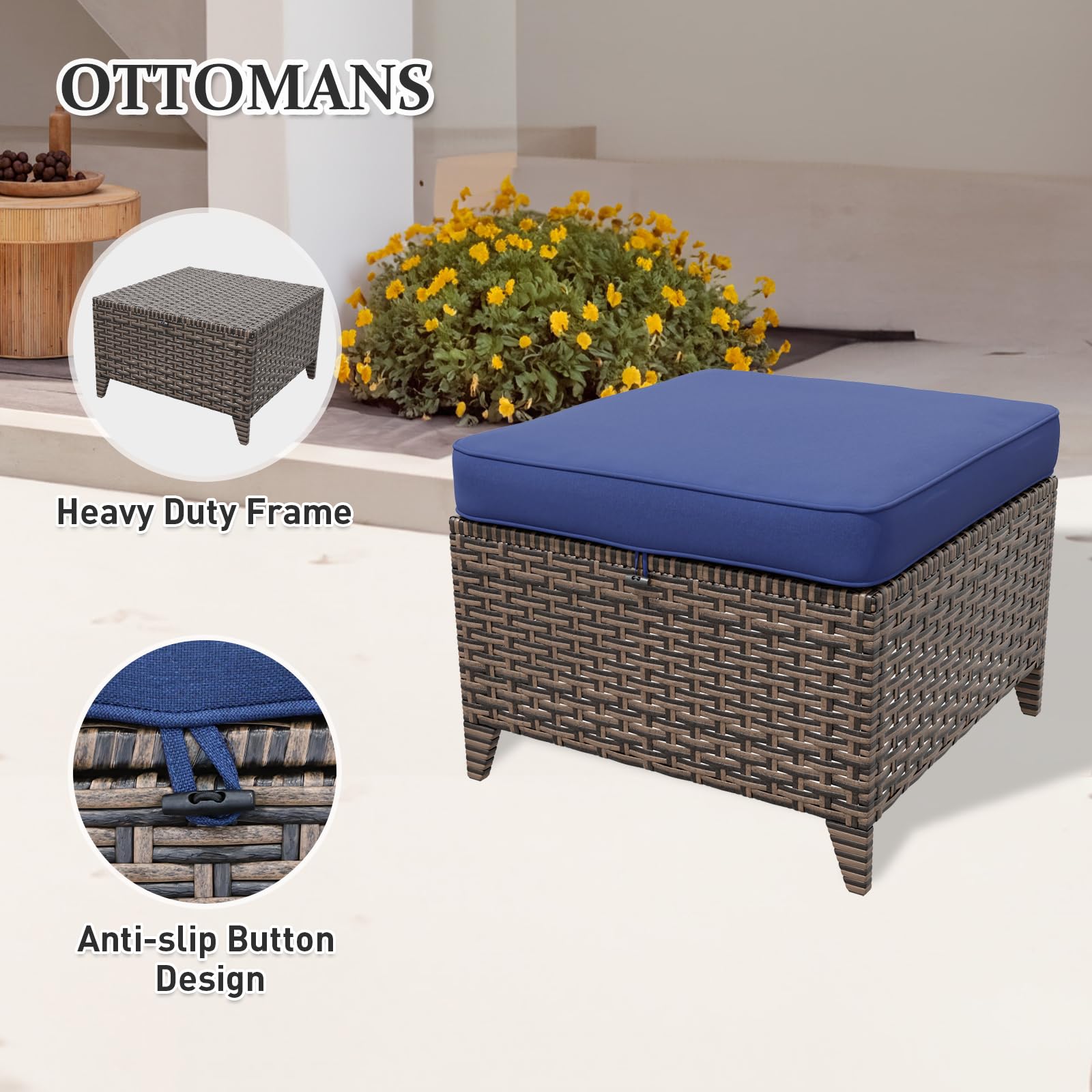 Wicker Outdoor Ottomans Set of 2 with Removable Cushions