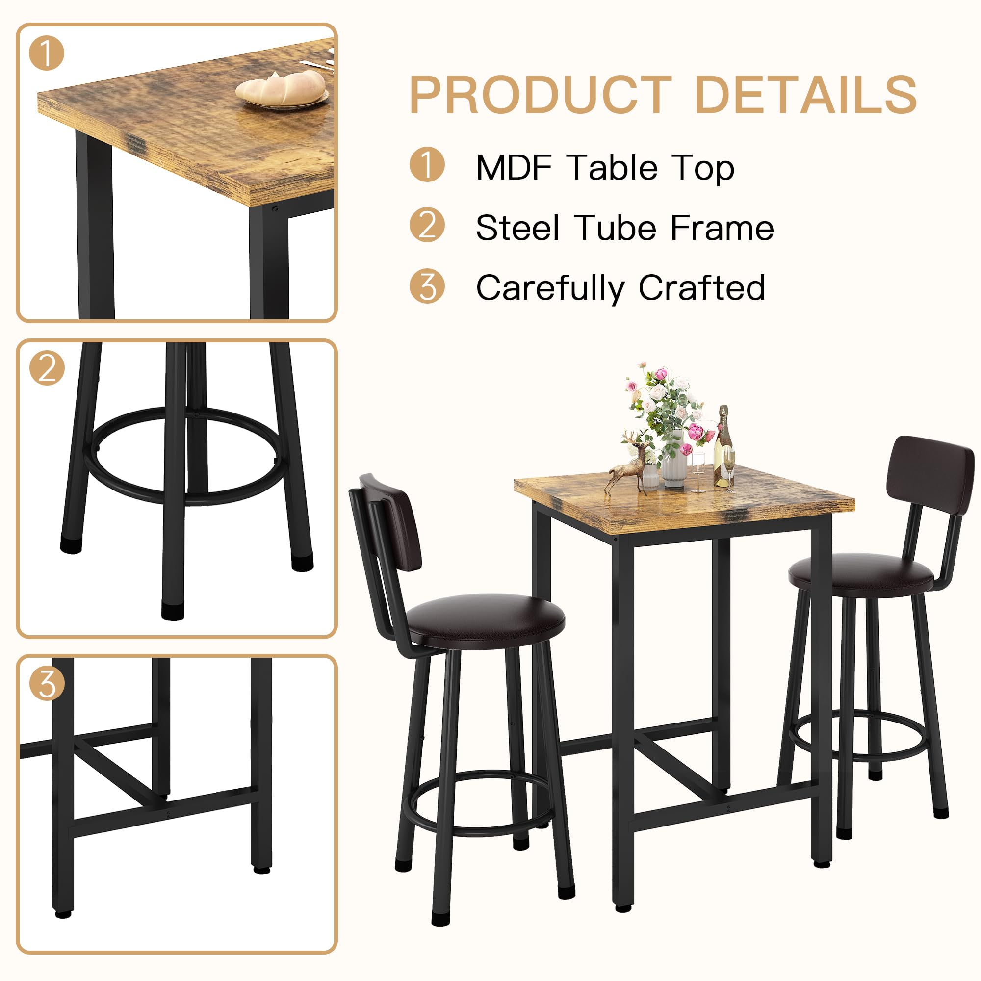 3 Piece Pub Dining Set Counter Height Table