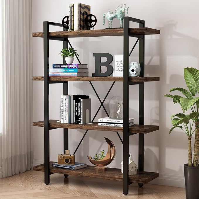 6-Tier Solid Wood Bookcase with Metal Frame