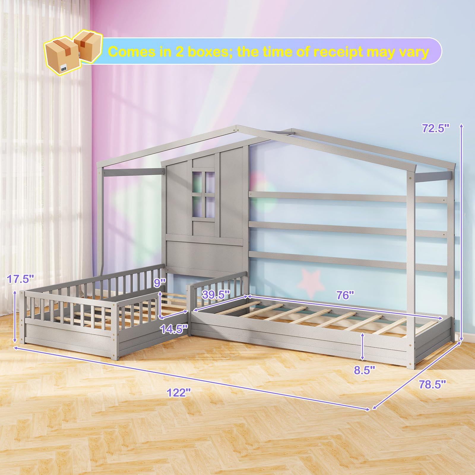 Double Twin L-Shaped House Bed with Window and Fences