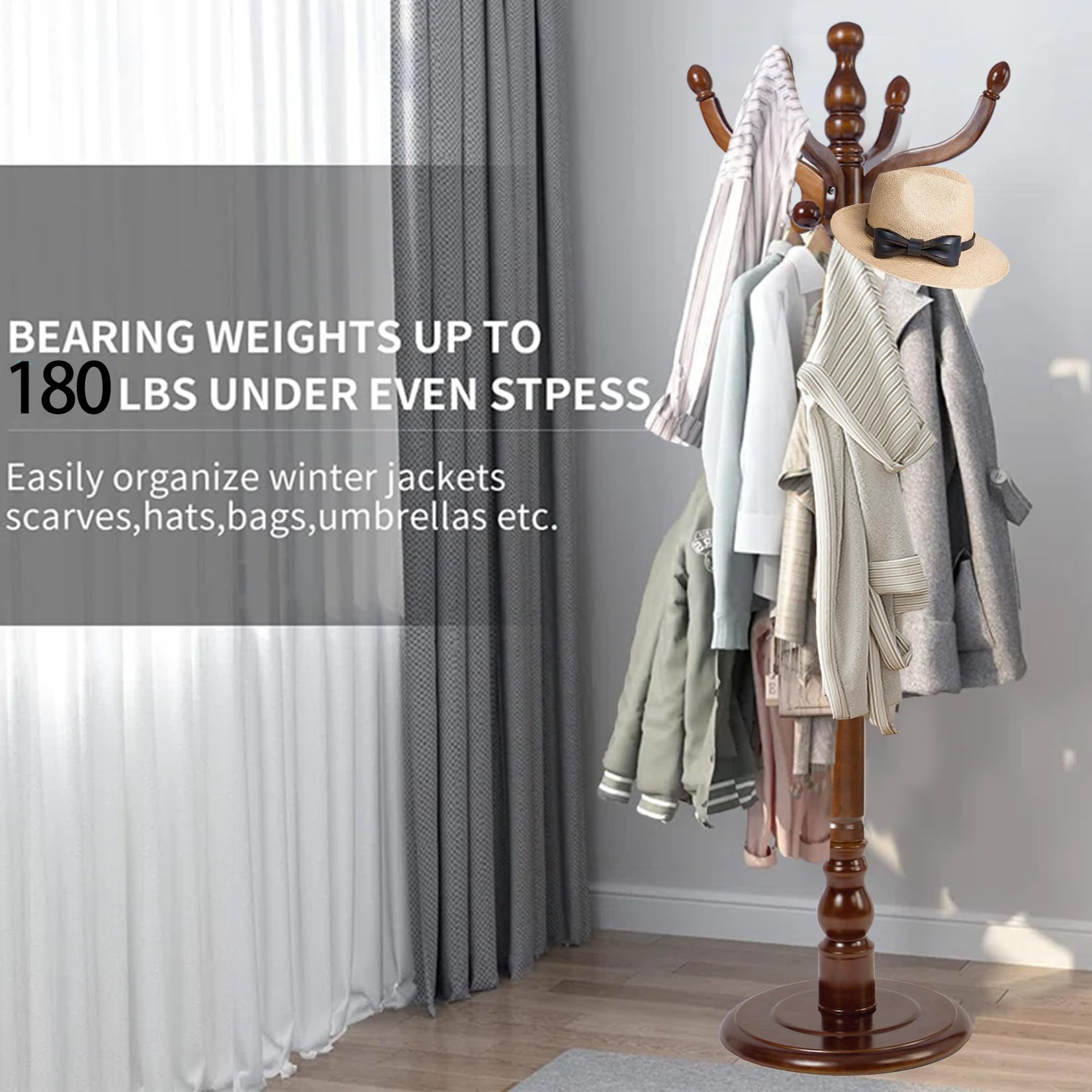 Wood Coat Rack Freestanding with 11 Hooks