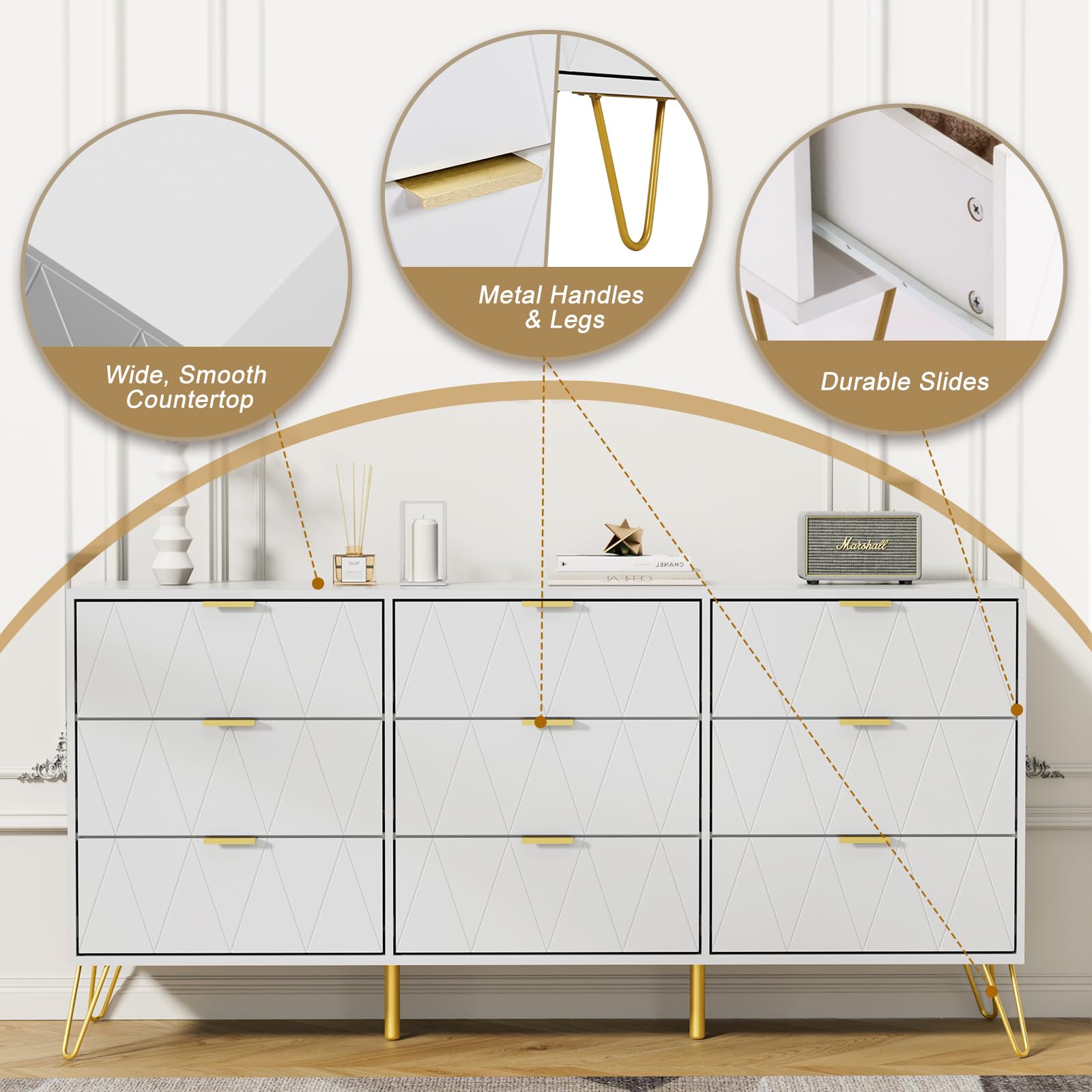 White 9 Drawer Dresser with Deep Drawers and Gold Handles