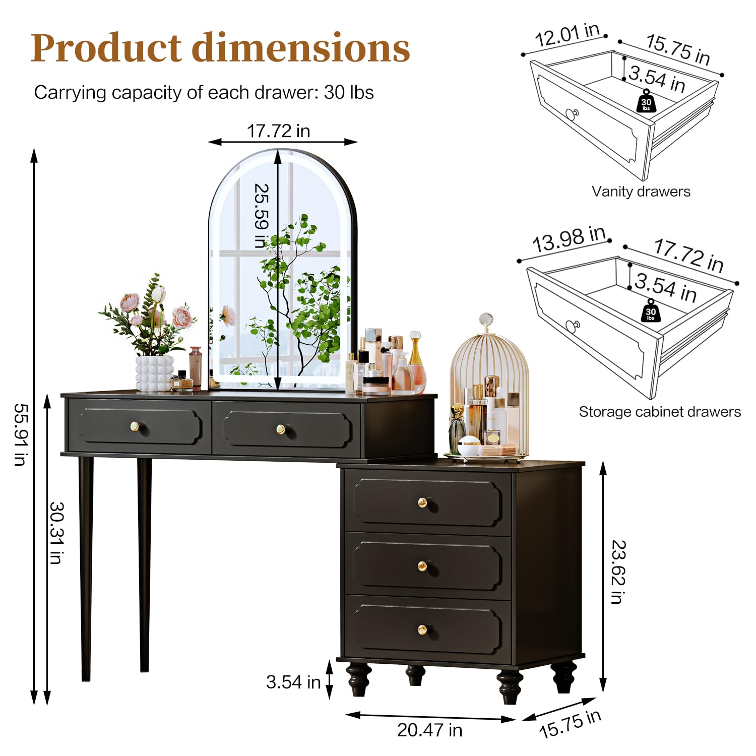 Black Vanity Desk with Mirror and Lights
