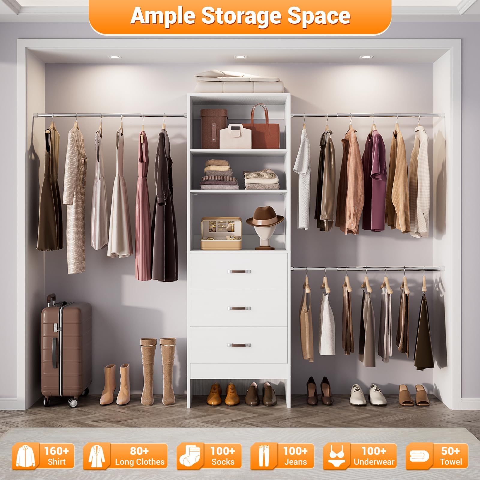 Walk-In Closet Organizer System with Hanging Rods and Drawers