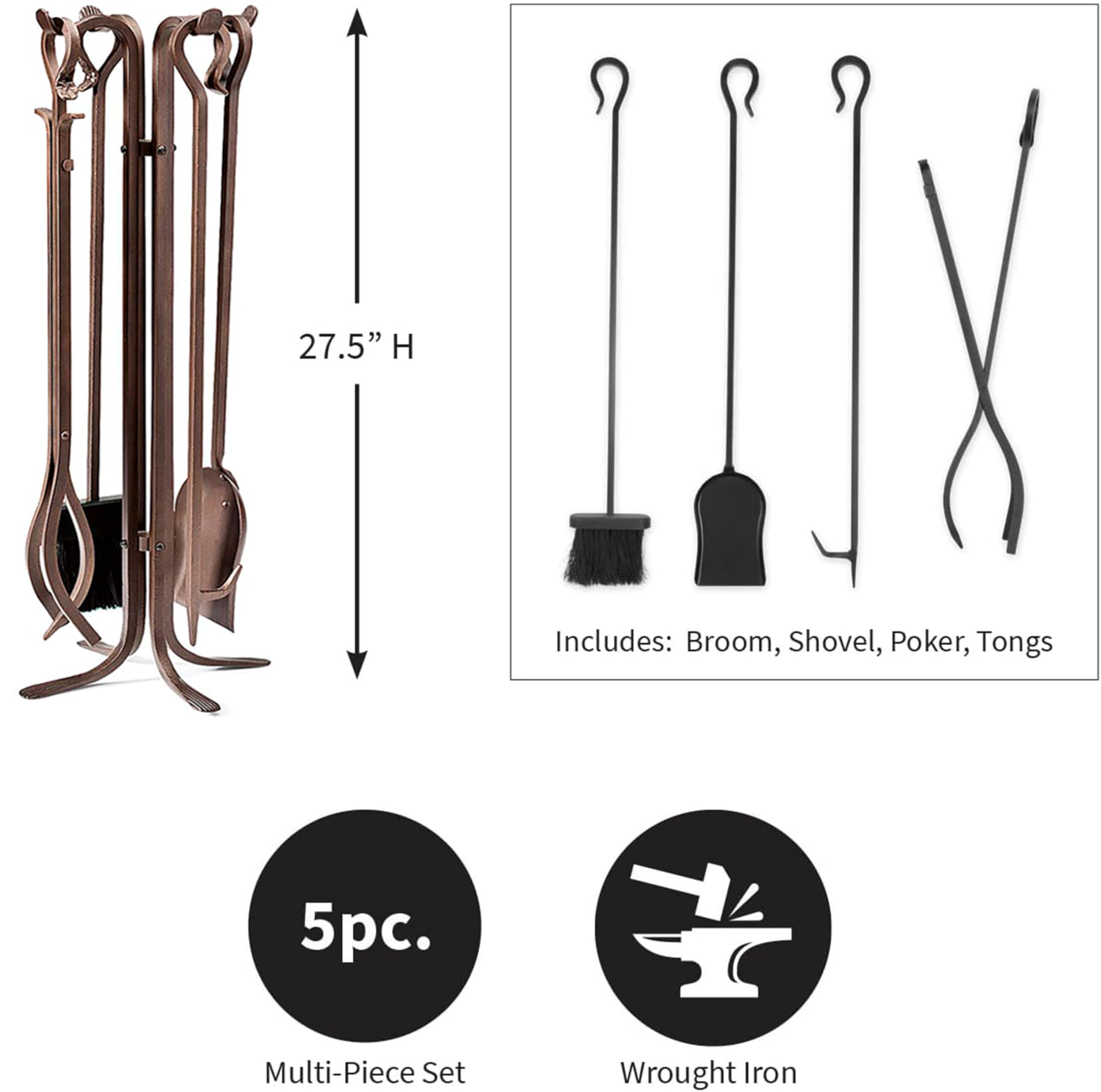 5-Piece Fireplace Tool Set Bronze 27.5"