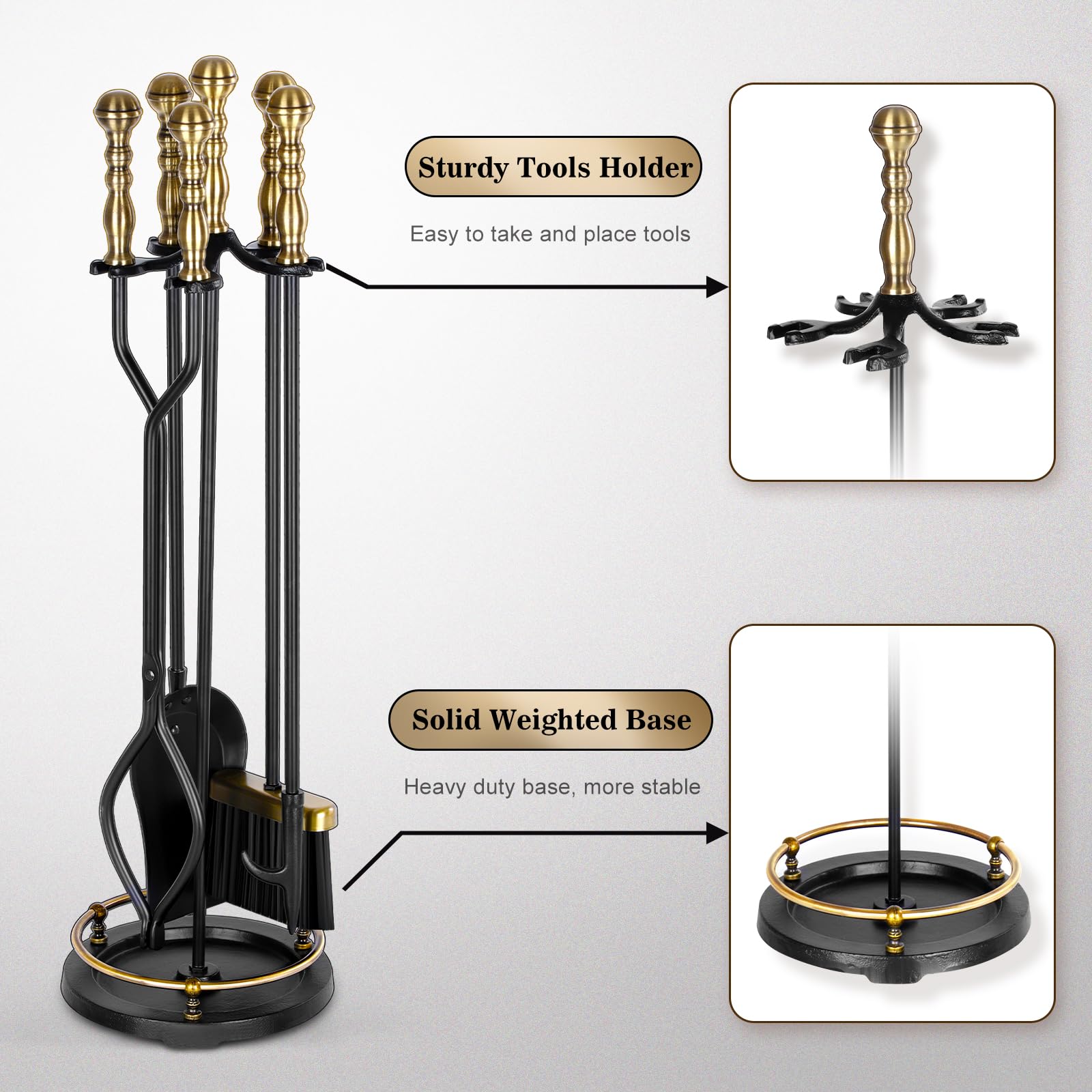 5-Piece Fireplace Tool Set with Brass Handles