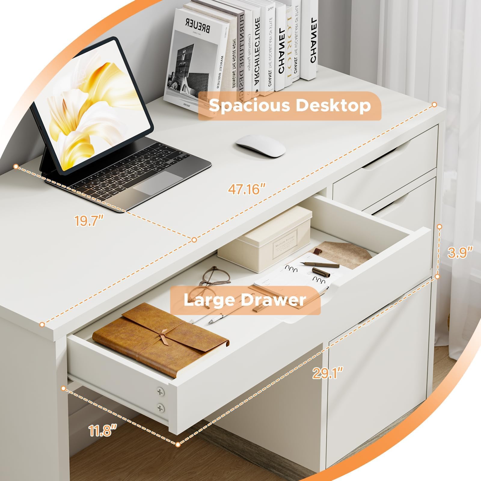 48 Inch White Desk with 4 Drawers