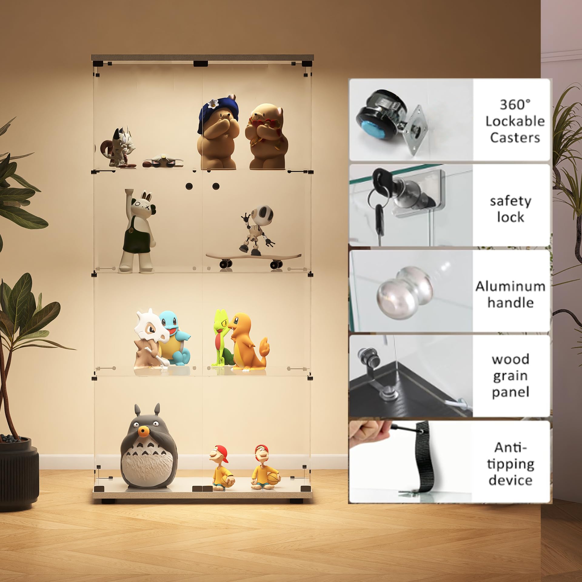 Tempered Glass Display Cabinet with LED Lights & Lockable Doors