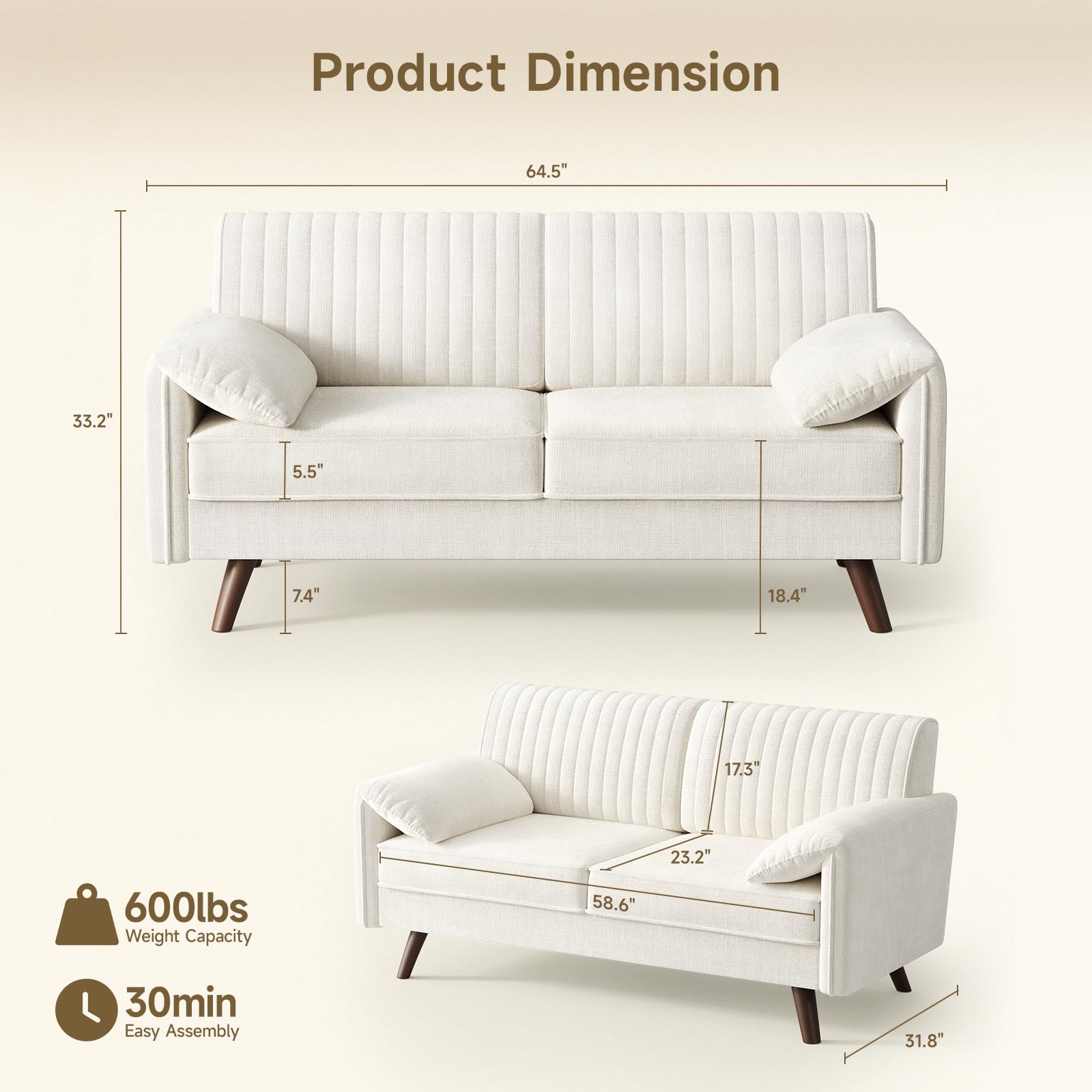64.5" Chenille Loveseat Sofa with Deep Seat