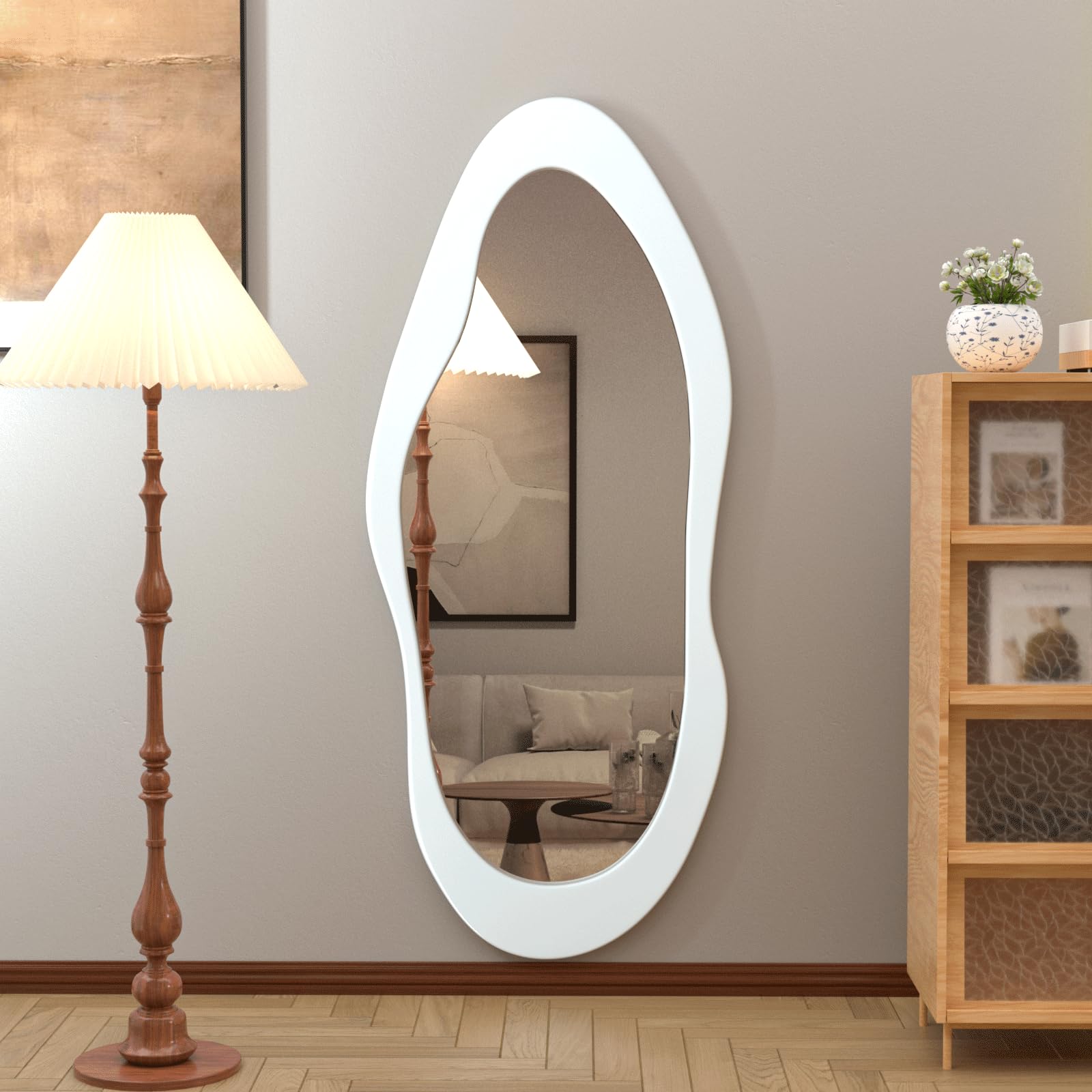 Irregular Wavy Full Length Mirror White Wooden Frame