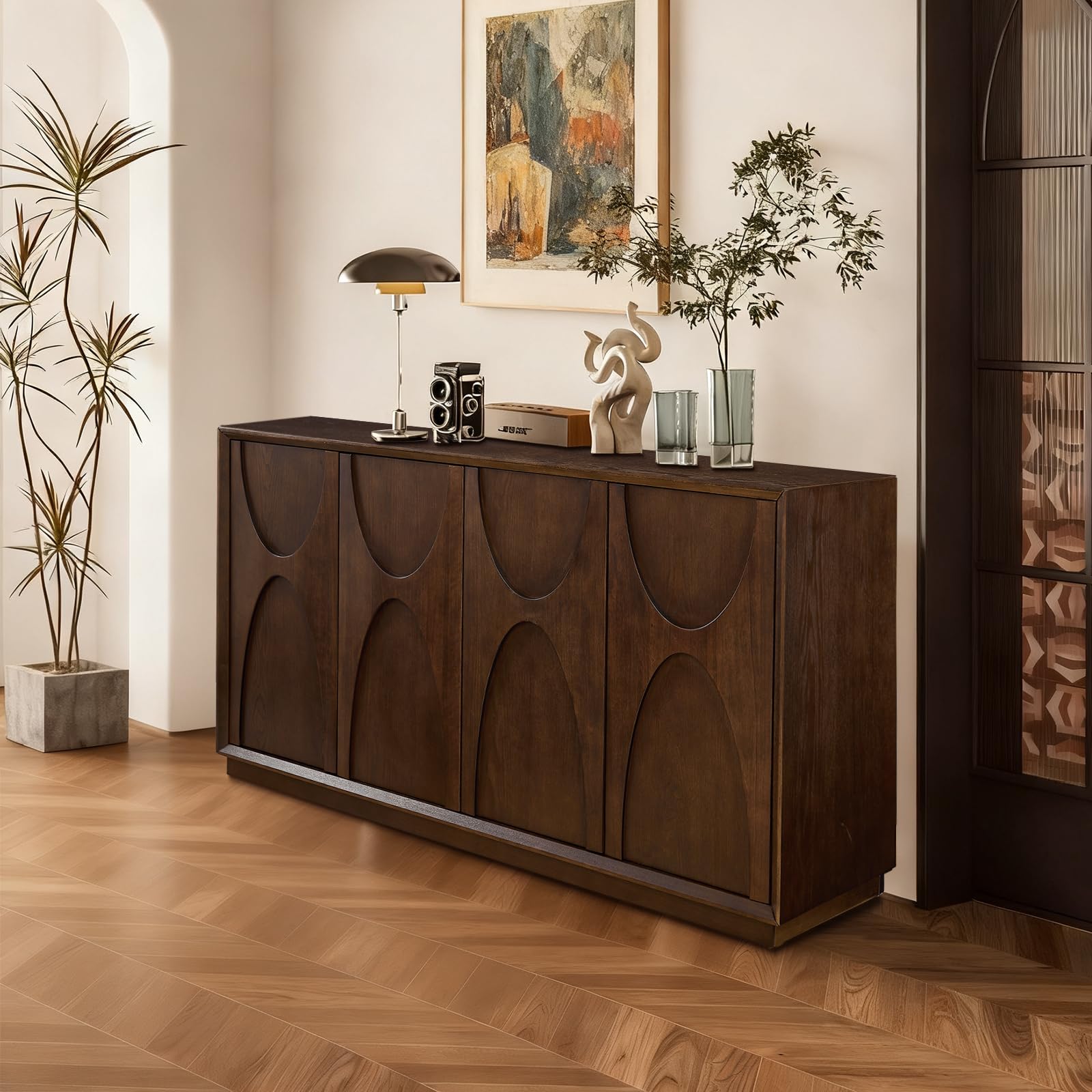 Walnut Sideboard Buffet Cabinet with 4 Doors