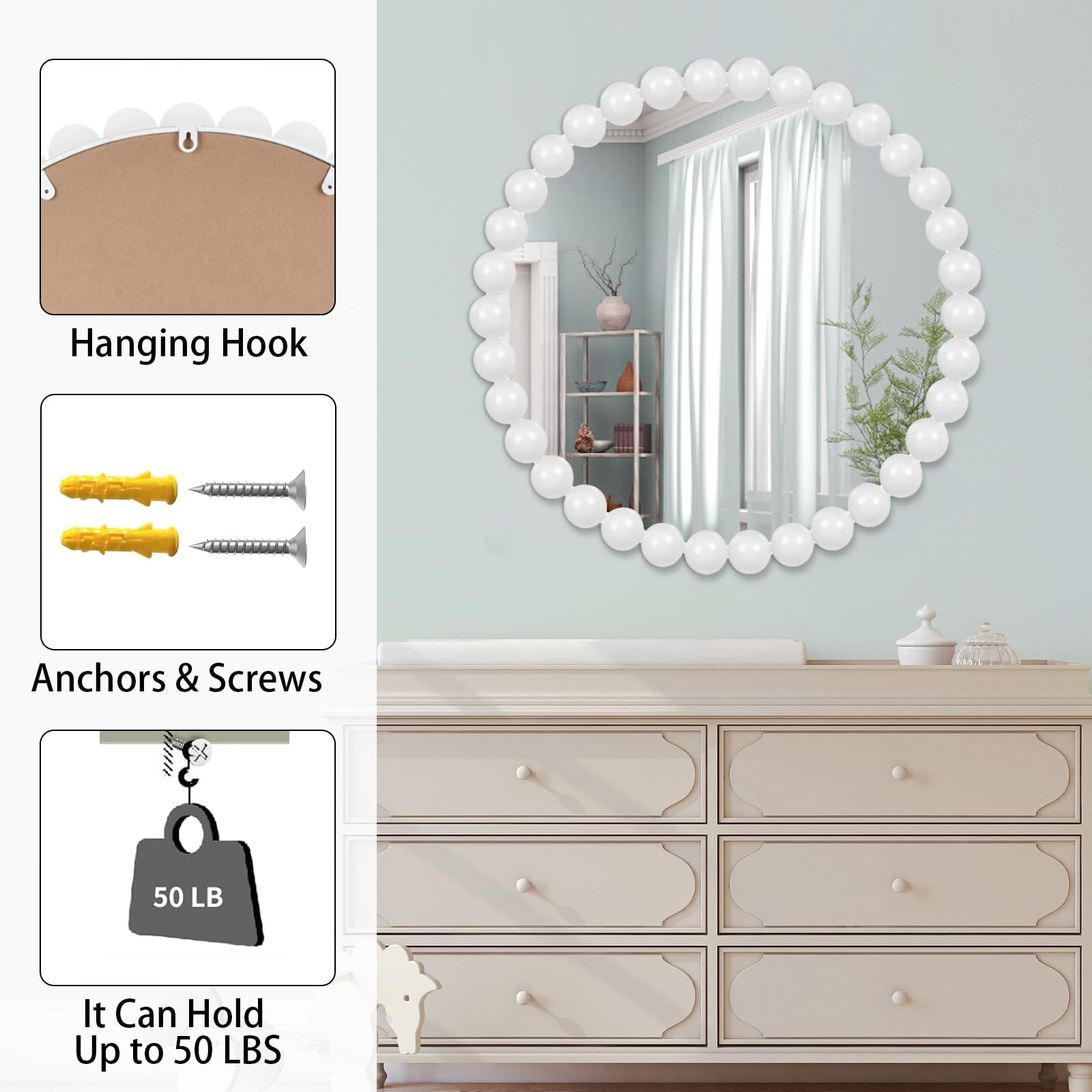 24" White Beaded Round Wall Mirror