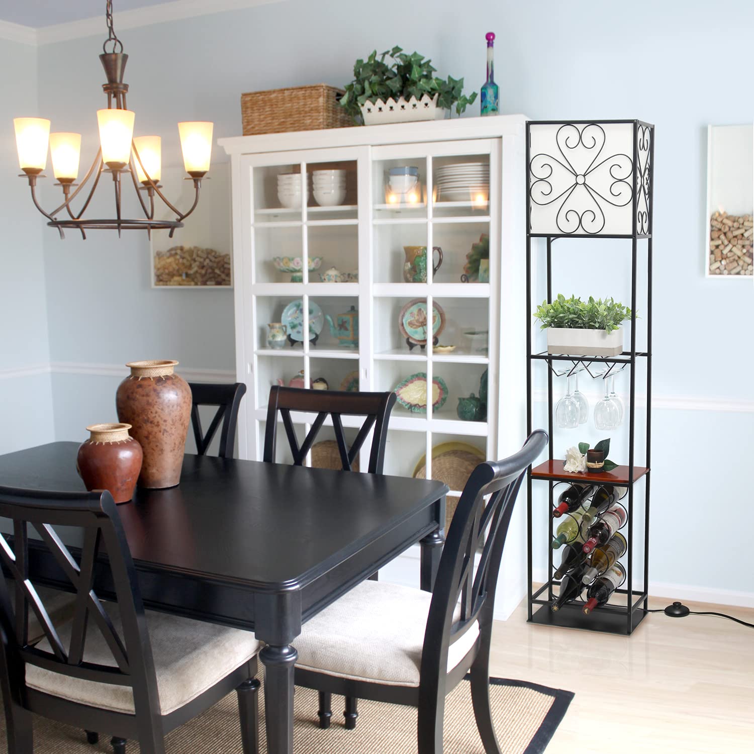 Floor Lamp with Wine Rack and Storage Shelf