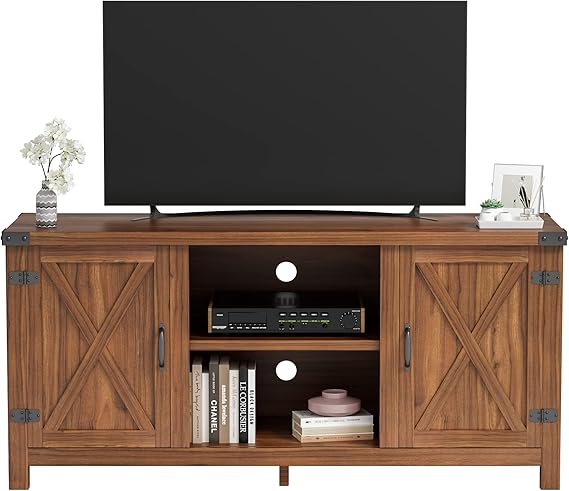 65 Inch TV Stand with Double Barn Doors and Storage Cabinets