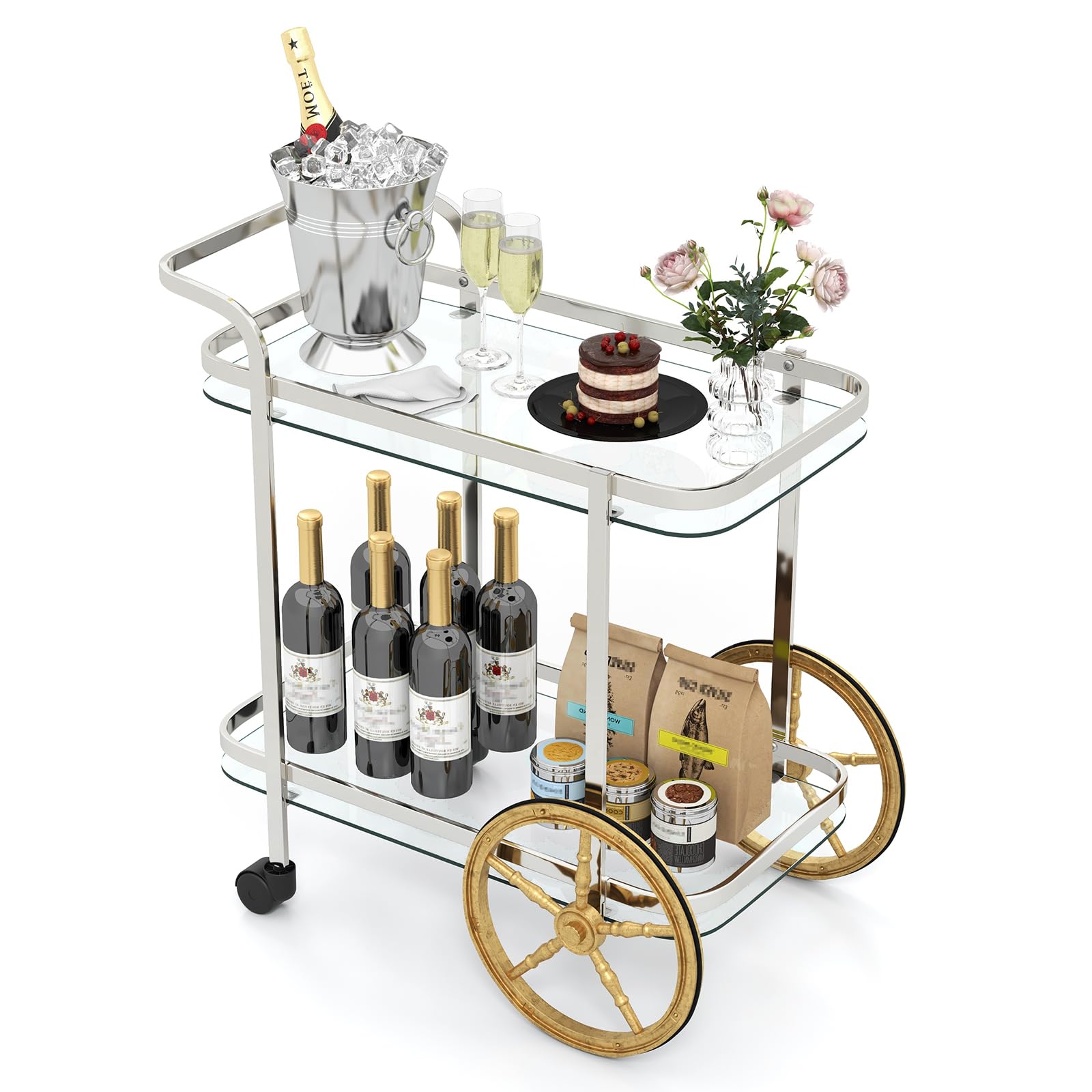 2-Tier Rolling Bar Cart with Tempered Glass Shelves