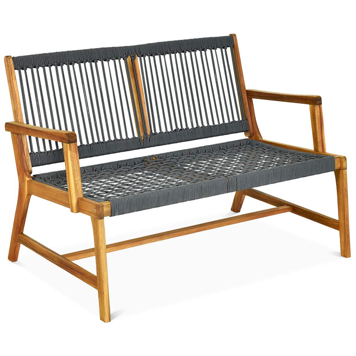 2 Person Acacia Wood Patio Bench Loveseat with Rope Design
