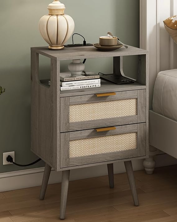 Rattan Nightstand with Charging Station