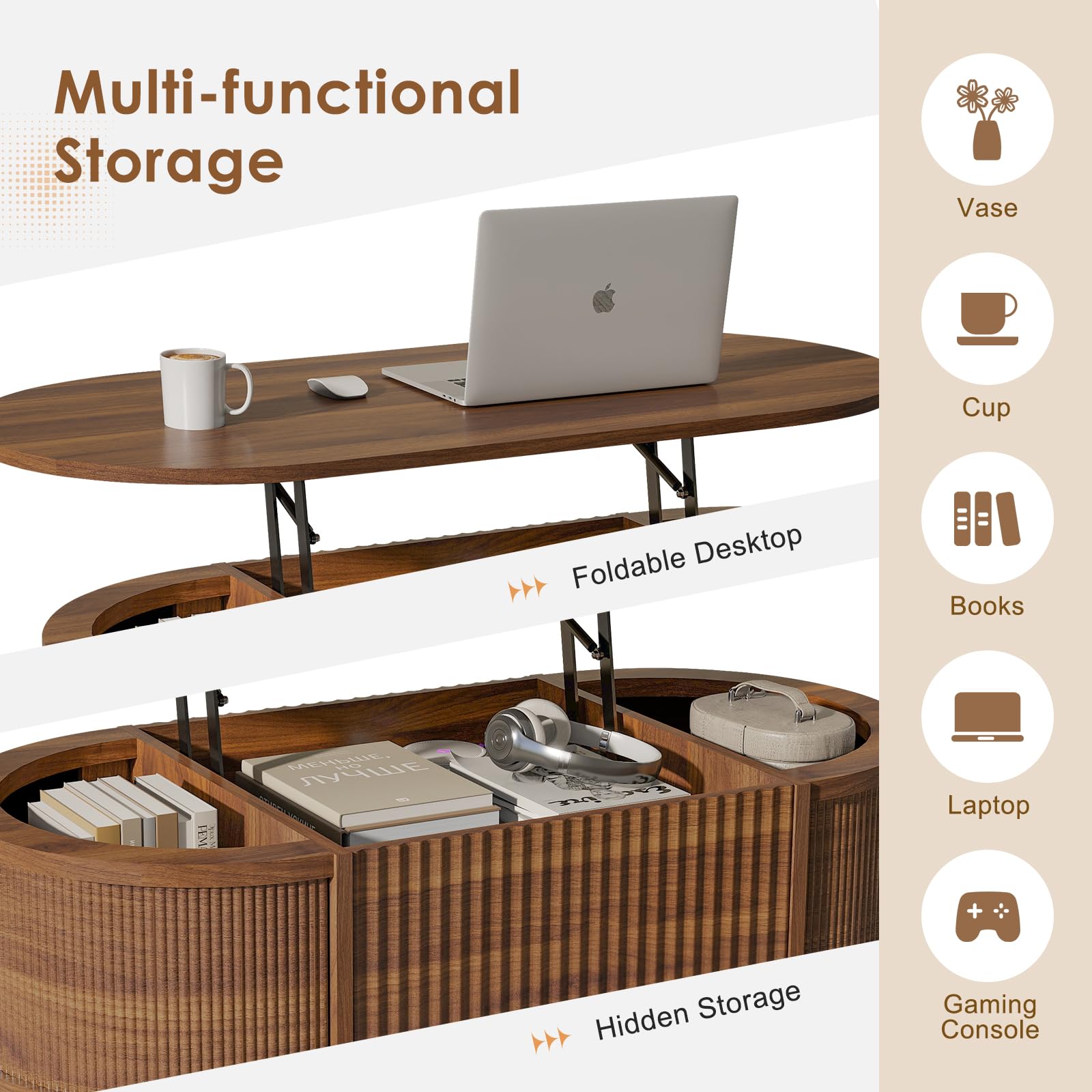 Fluted Lift Top Coffee Table with Storage