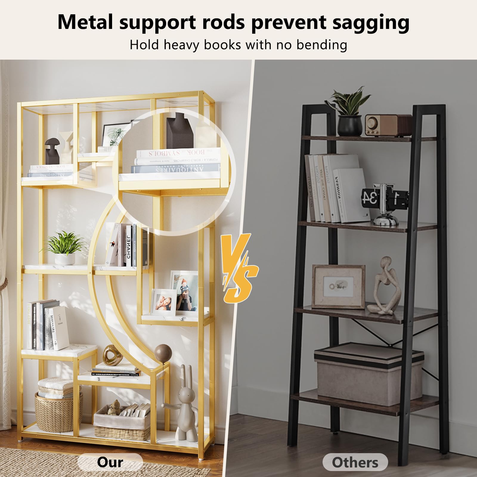 70.8 Inch Tall Etagere Bookcase Set of 2 White Gold