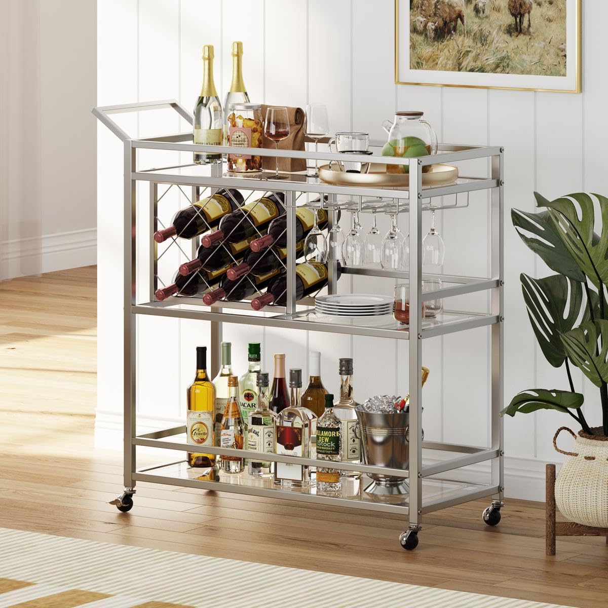 3-Tier Mirrored Bar Cart with Wheels