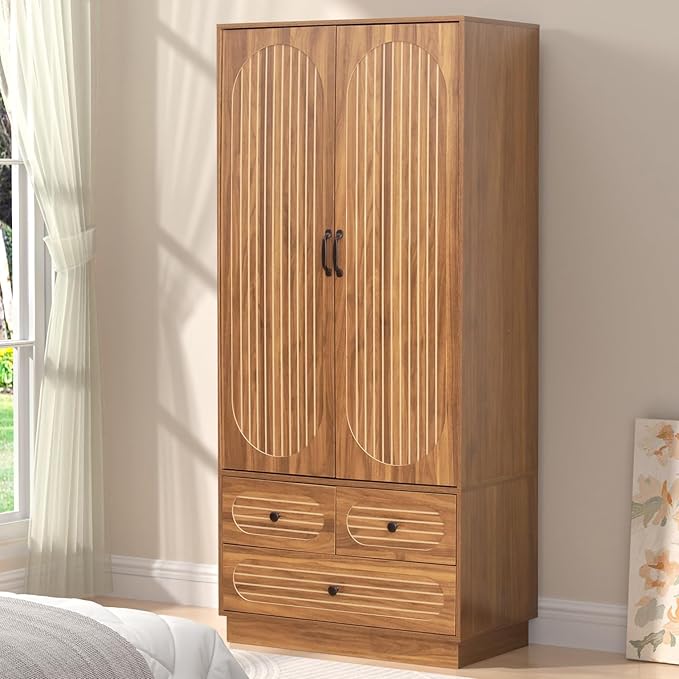 Armoire Wardrobe Closet with Doors and 3 Drawers - Walnut