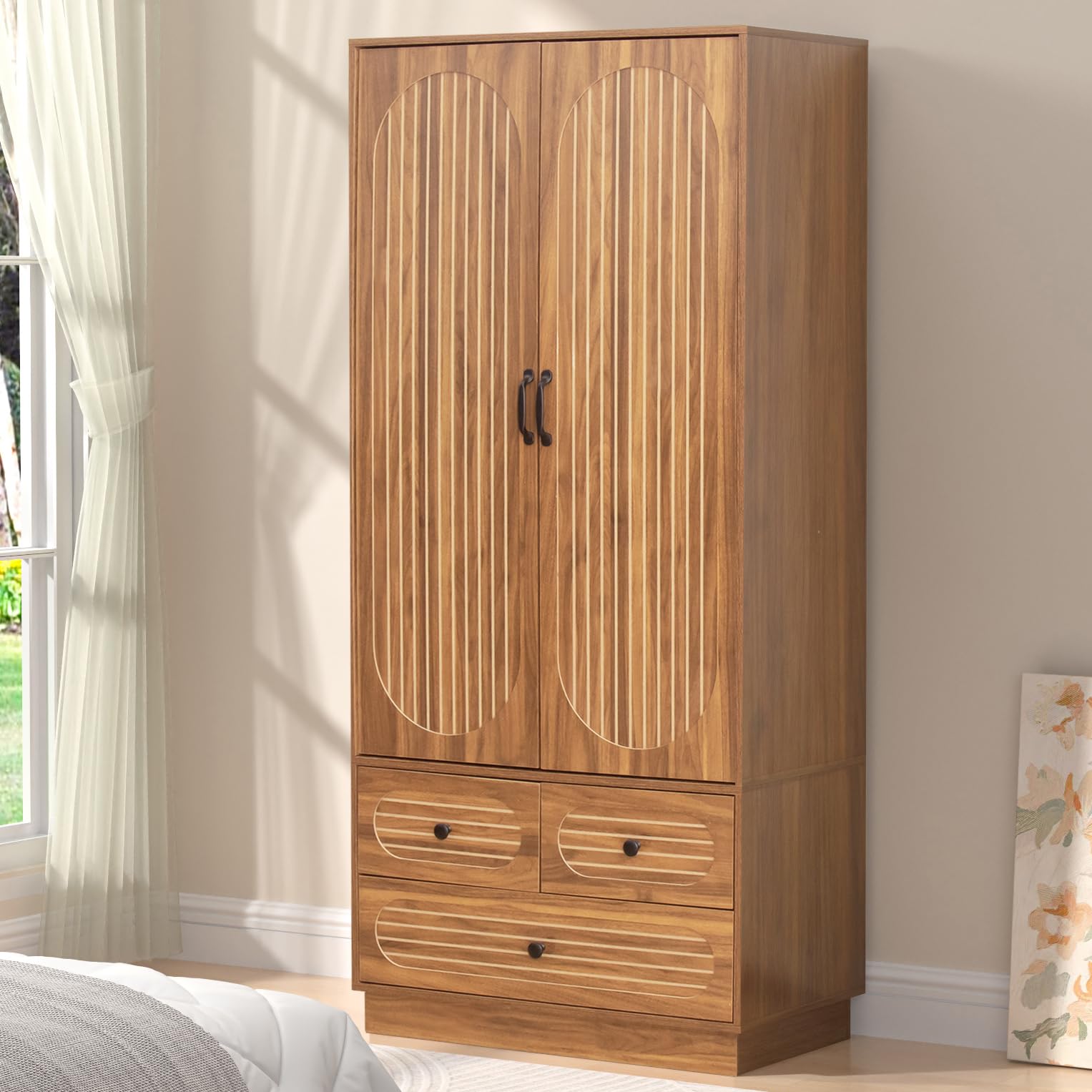 Armoire Wardrobe Closet with Doors and 3 Drawers - Walnut