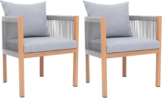 DAYARUS Patio Dining Chairs Set of 6, Rope Rattan Patio Furniture Set, All Weather Outdoor Dining Chairs with Cushions, Metal Barrel Dining Room Chair, Modern Kitchen Chair for Balcony/Porch, Beige