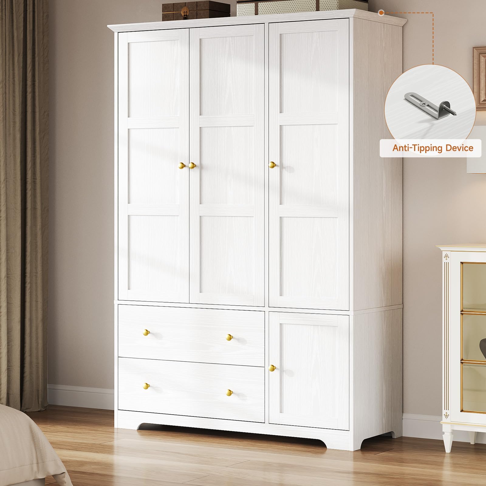 3 Doors Wooden Wardrobe Closet with Pull Out Pants Rack