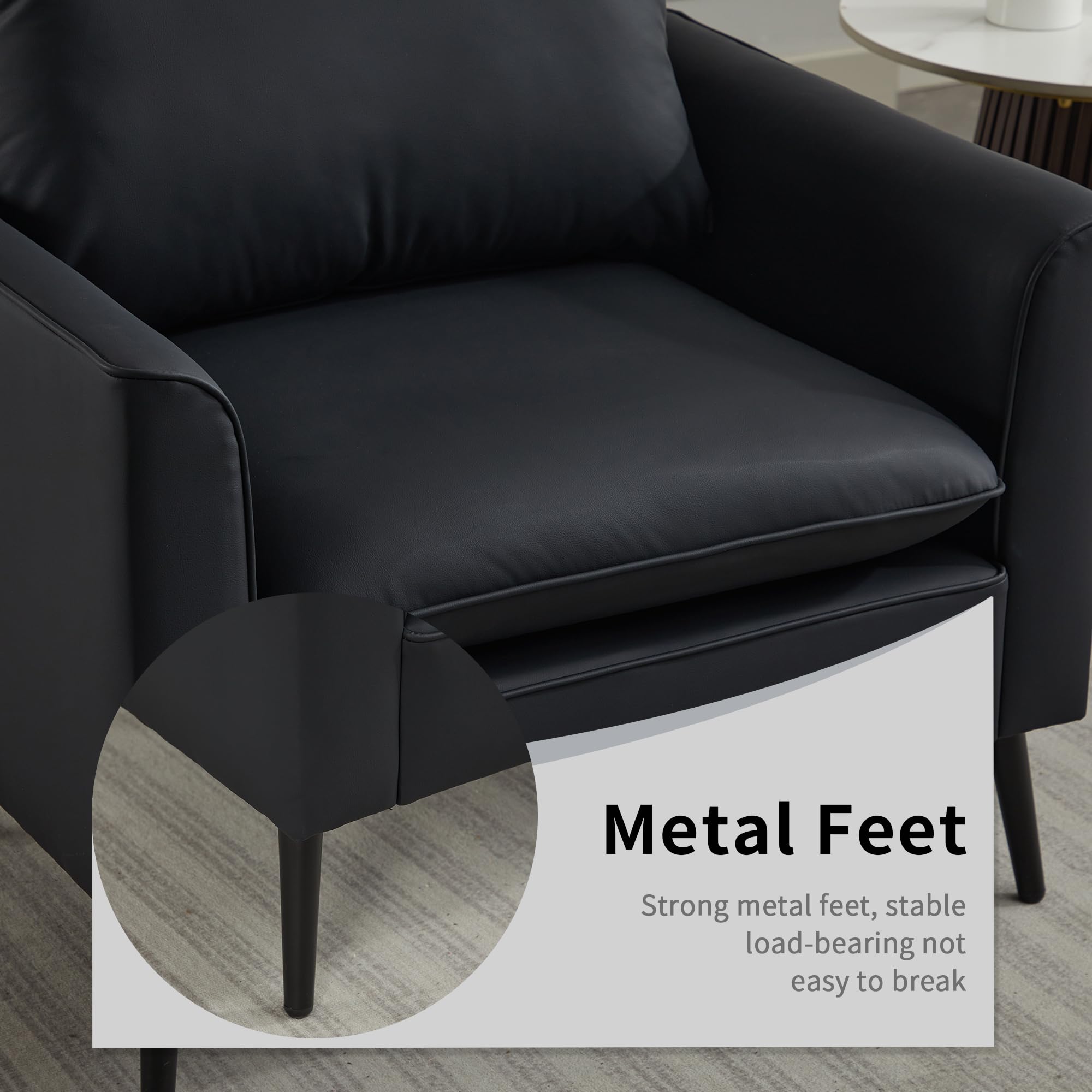 YISHENG Mid-Century Modern Living Room Accent Chairs Set of 2 - Oversized Faux Leather Armchairs with Removable Cushions & Metal Legs, Comfortable Sofas for Office/Lounge/Bedroom/Reception,（Black）