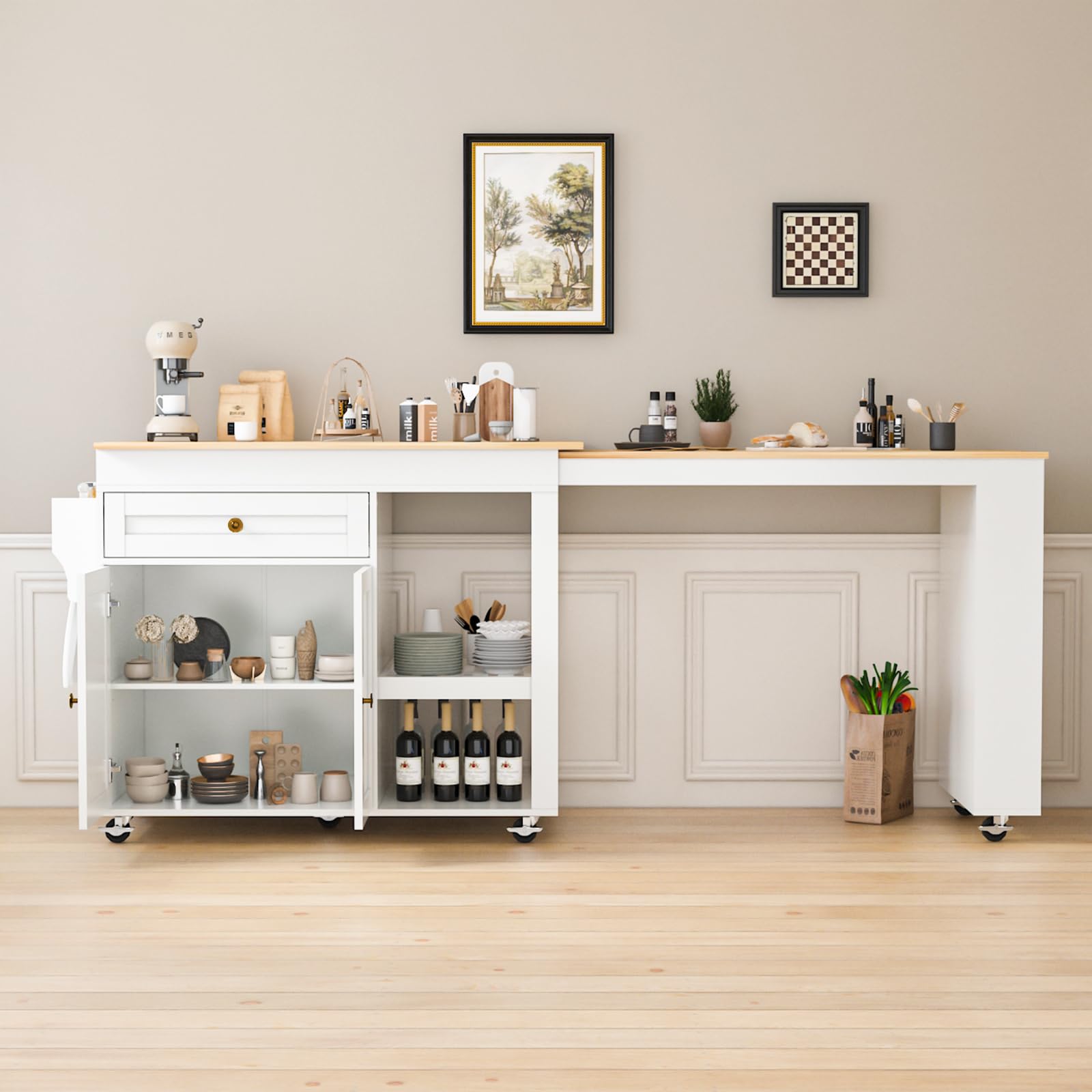 81.5" Kitchen Island with Extendable Dining Table on Wheels