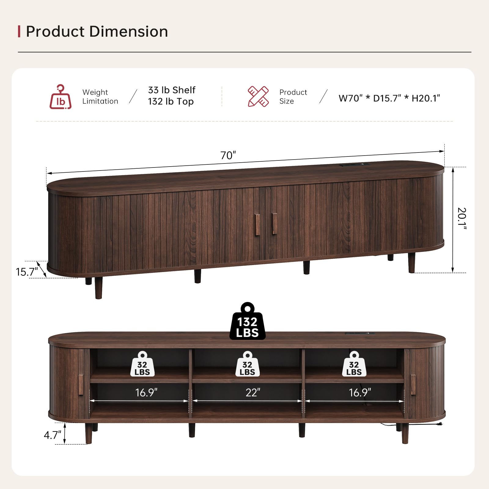 70" Mid Century Modern TV Stand with Sliding Doors