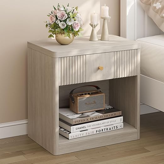 Fluted Nightstand Set of 2 with Drawer and Storage