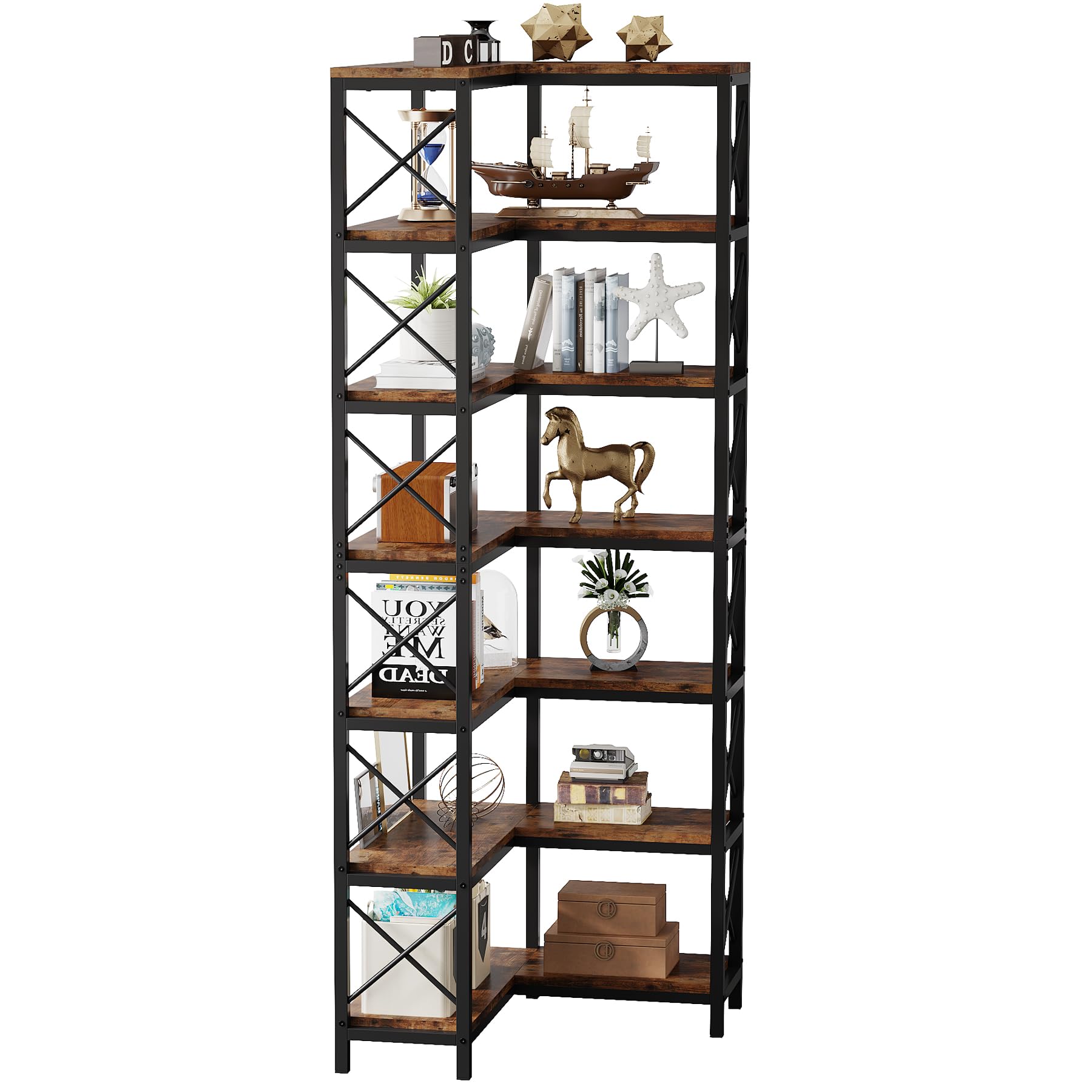 7-Tier Corner Bookshelf with Metal Frame