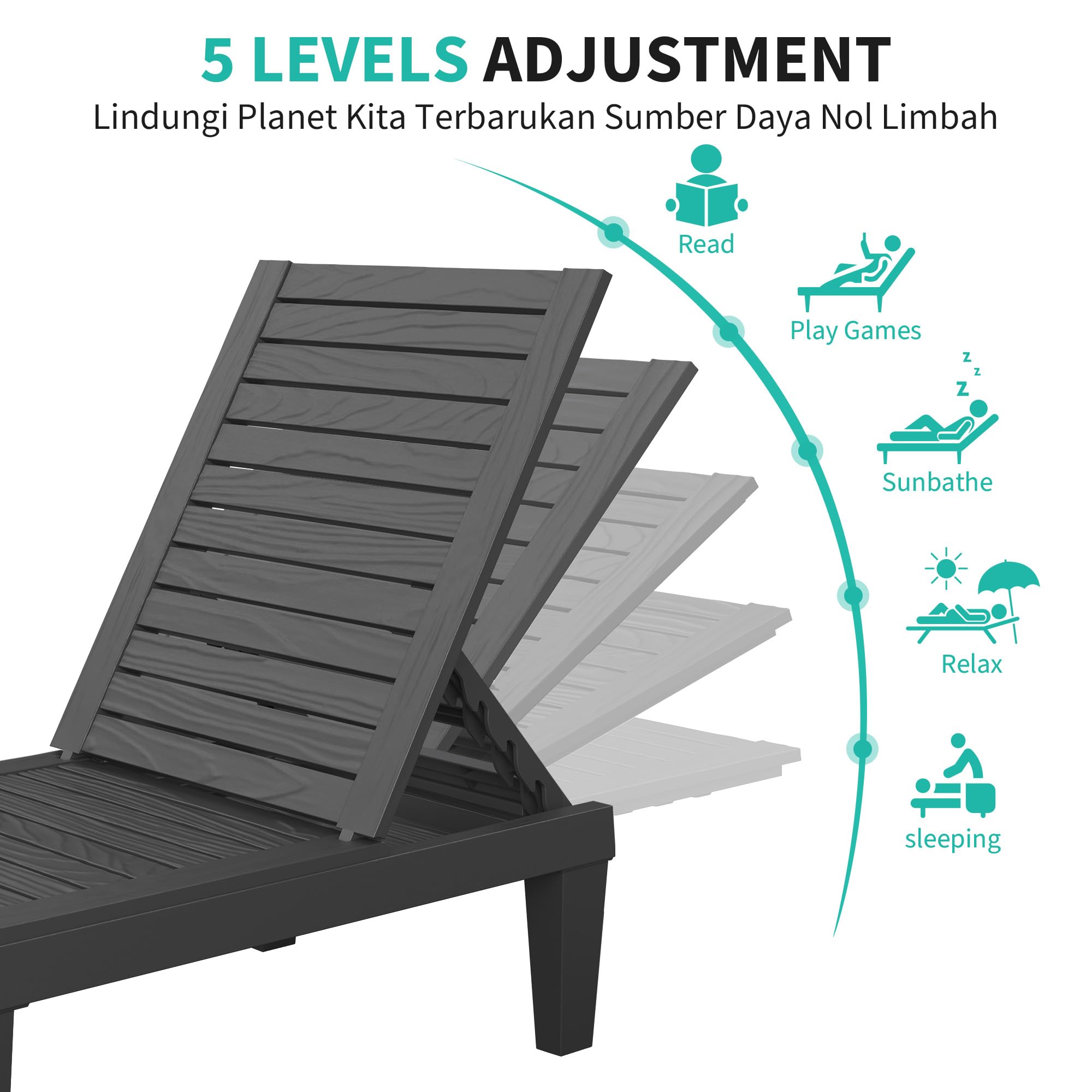 Outdoor Chaise Lounge Chairs Set of 2 - 5-Position Adjustable