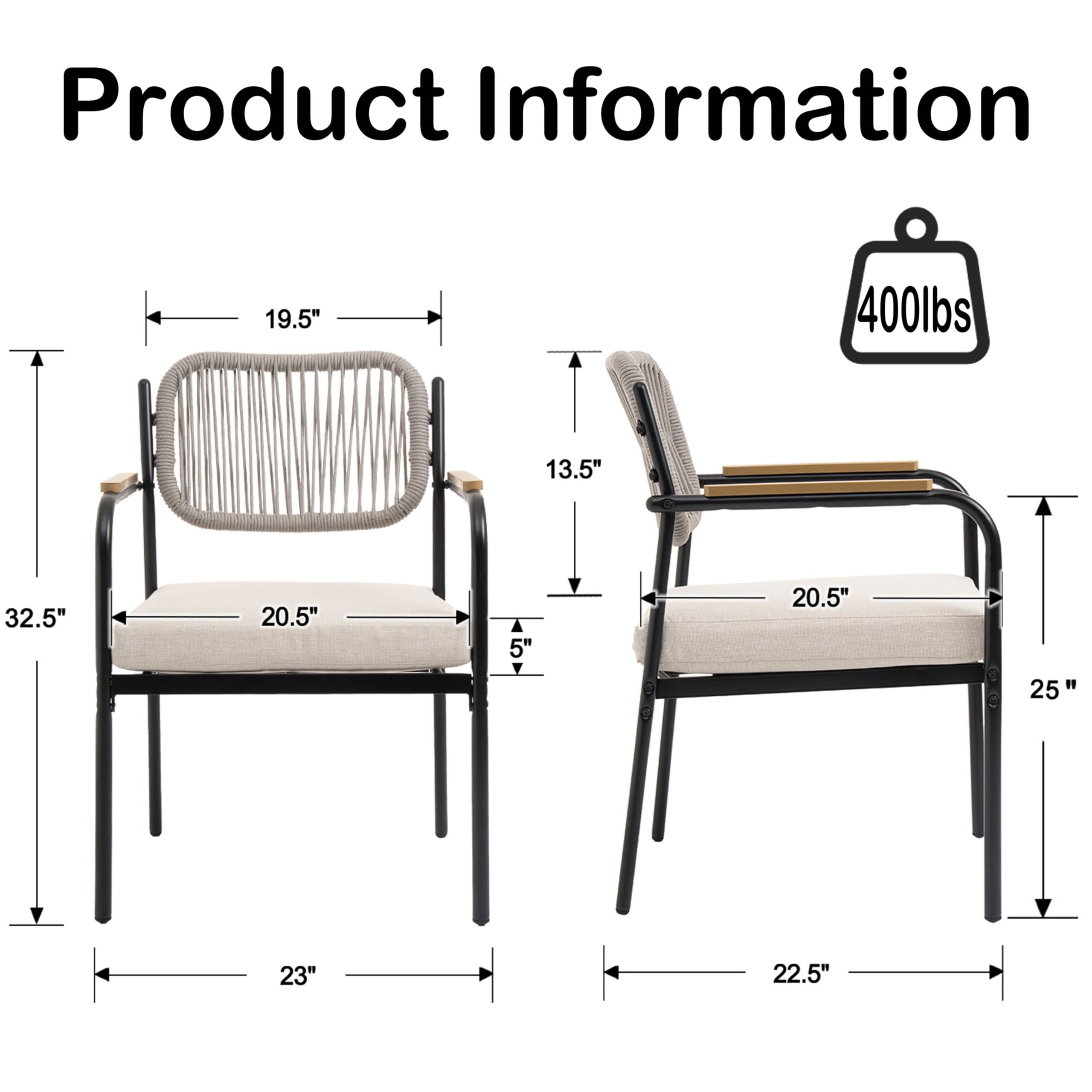 Rope Patio Dining Chairs Set of 2 with Armrests