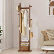 Solid Wood Coat Rack with 2 Shelves and 5 Hooks