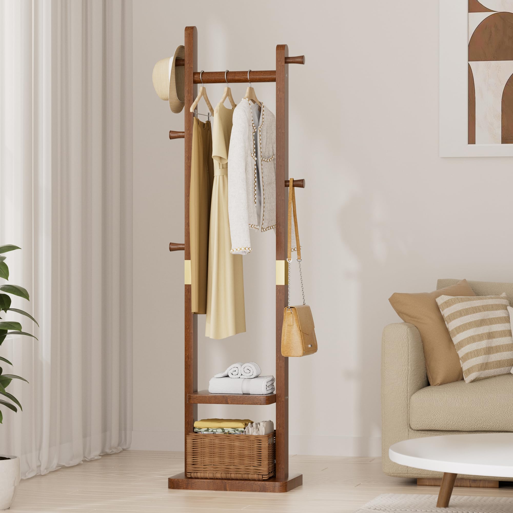 Solid Wood Coat Rack with 2 Shelves and 5 Hooks