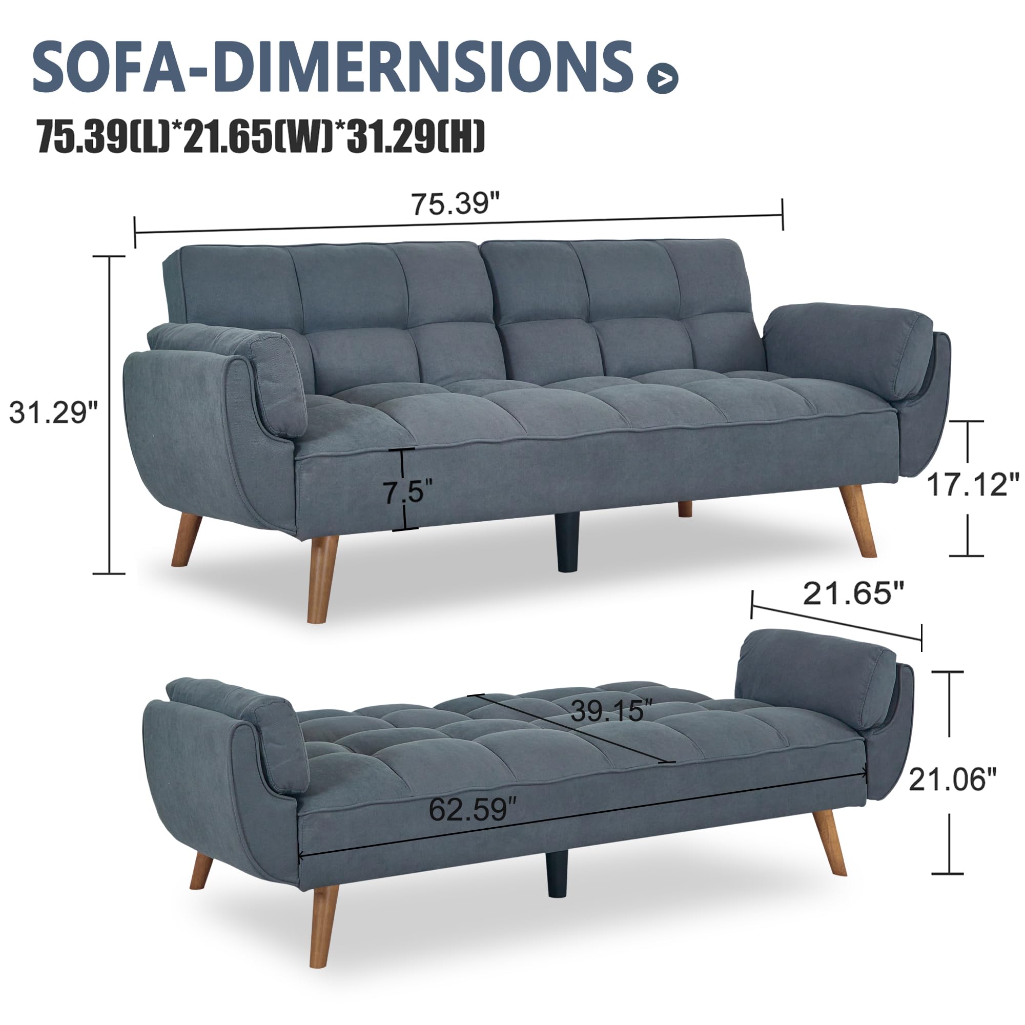 75″ Convertible Futon Sofa Bed with Adjustable Backrest