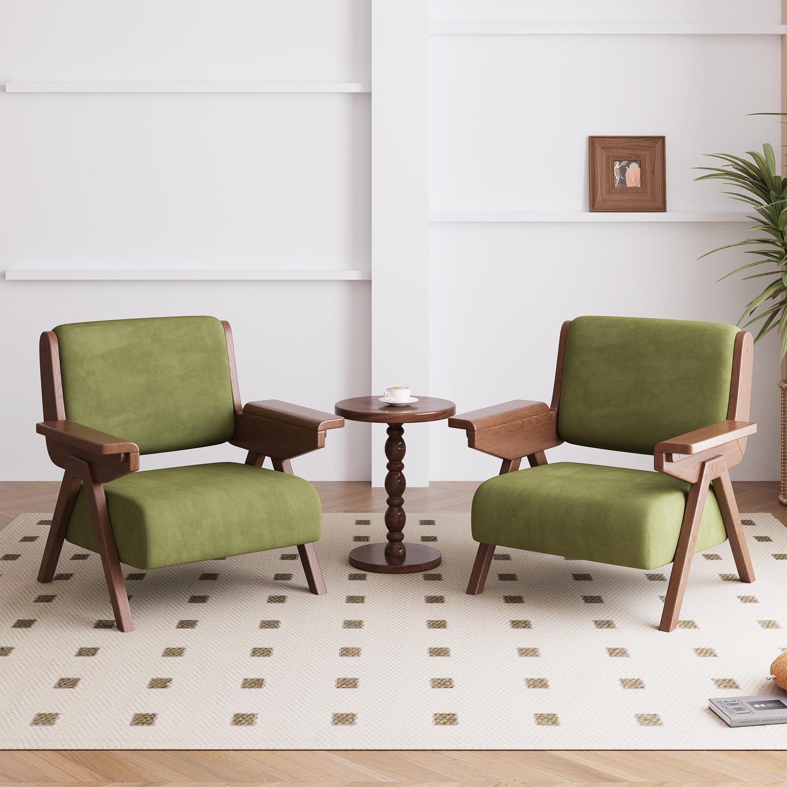 Velvet Accent Chair Solid Wood Frame Green