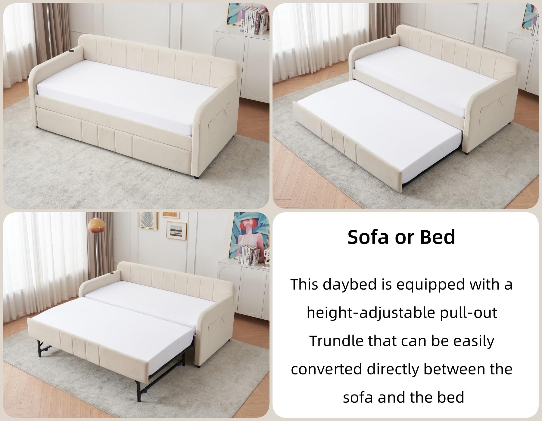Twin Velvet Corner Daybed with Liftable Trundle and USB Charging