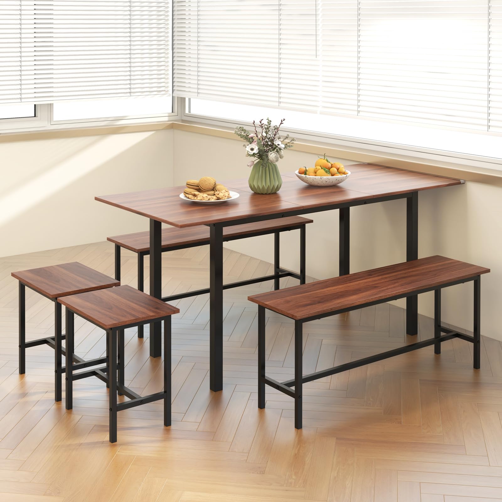 5-Piece Extendable Dining Table Set with Benches and Stools