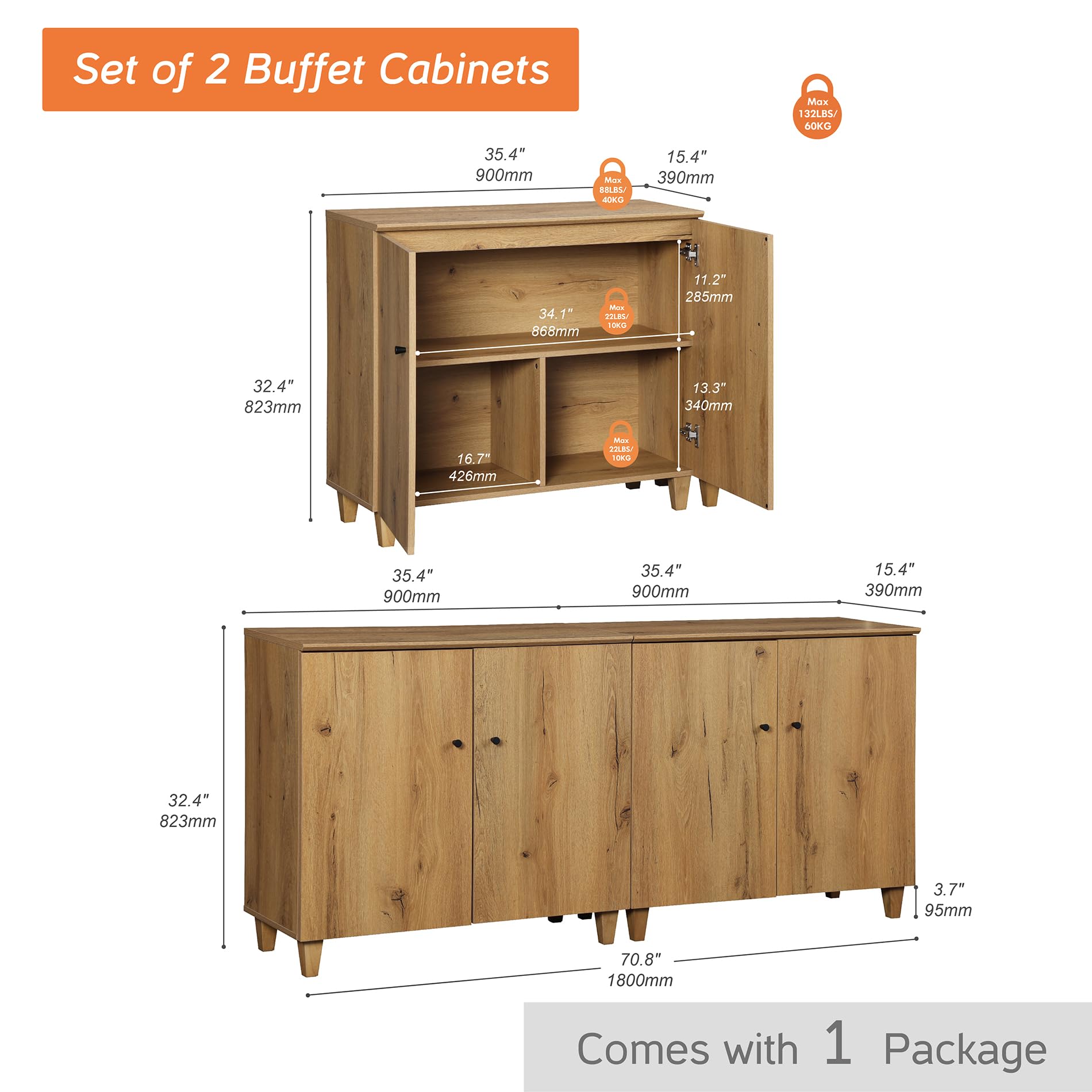 70.8" Oak Brown Buffet Cabinet with 4 Doors