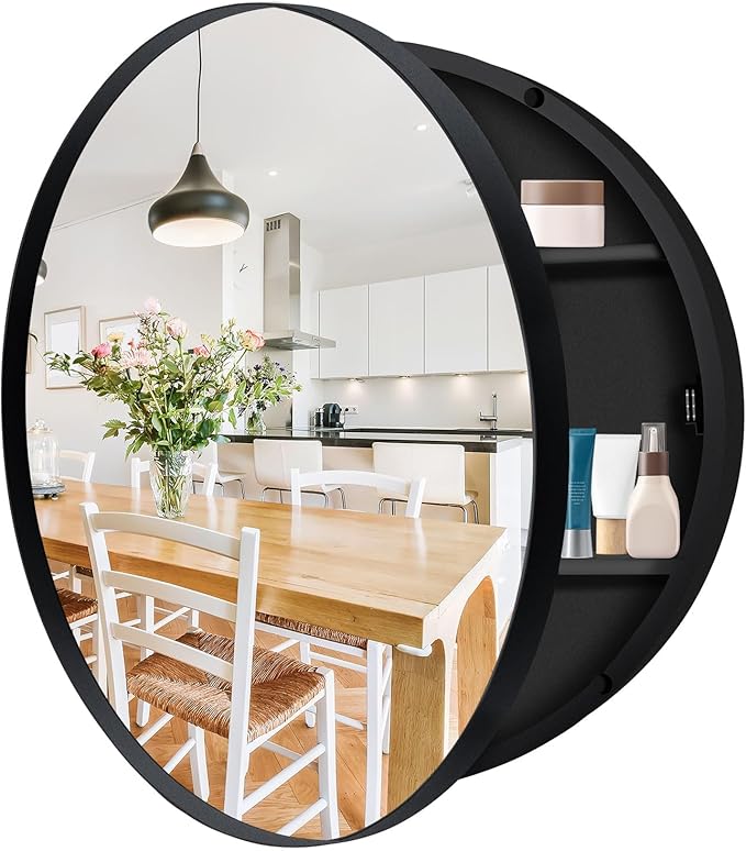 24 Inch Round Medicine Cabinet with Mirror - Black Metal Frame