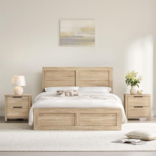 Queen Platform Bed Frame with 2 Nightstands Set