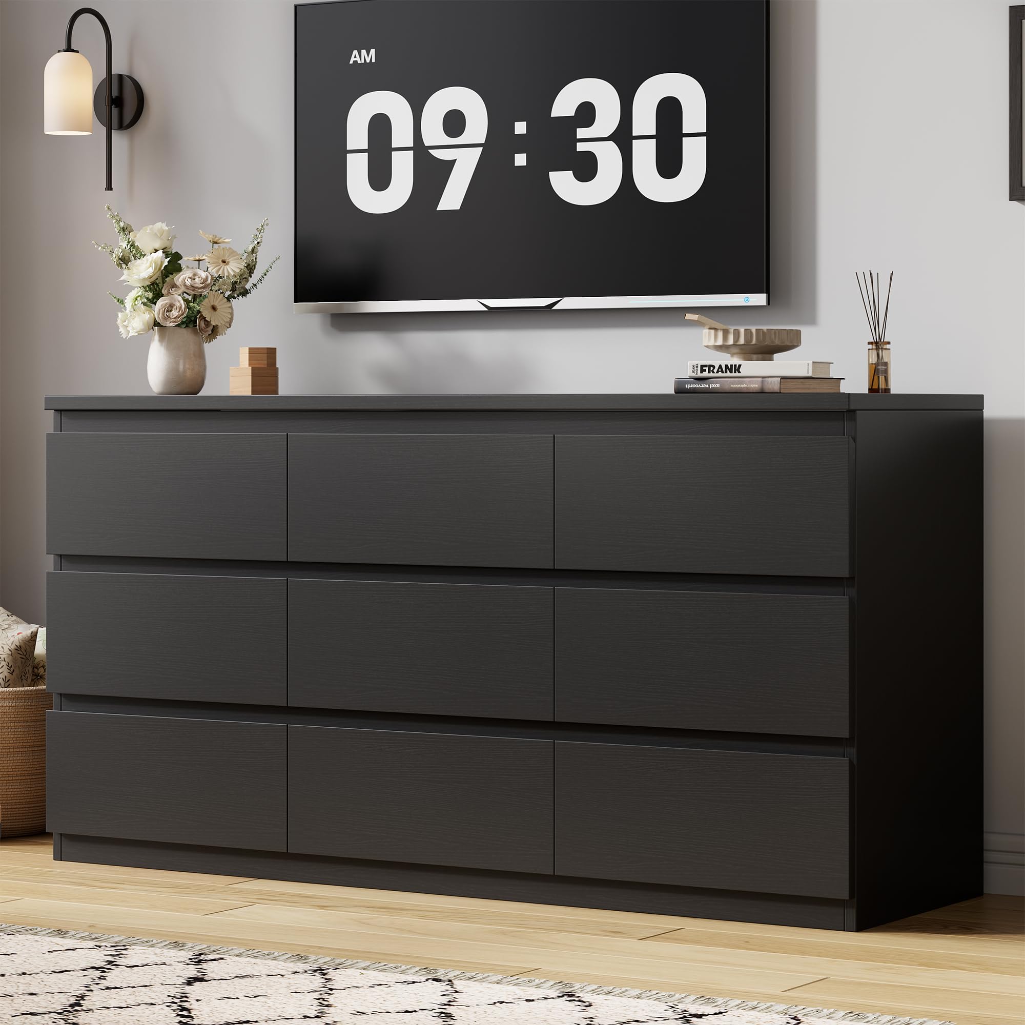Modern Black 9-Drawer Dresser with Deep Storage