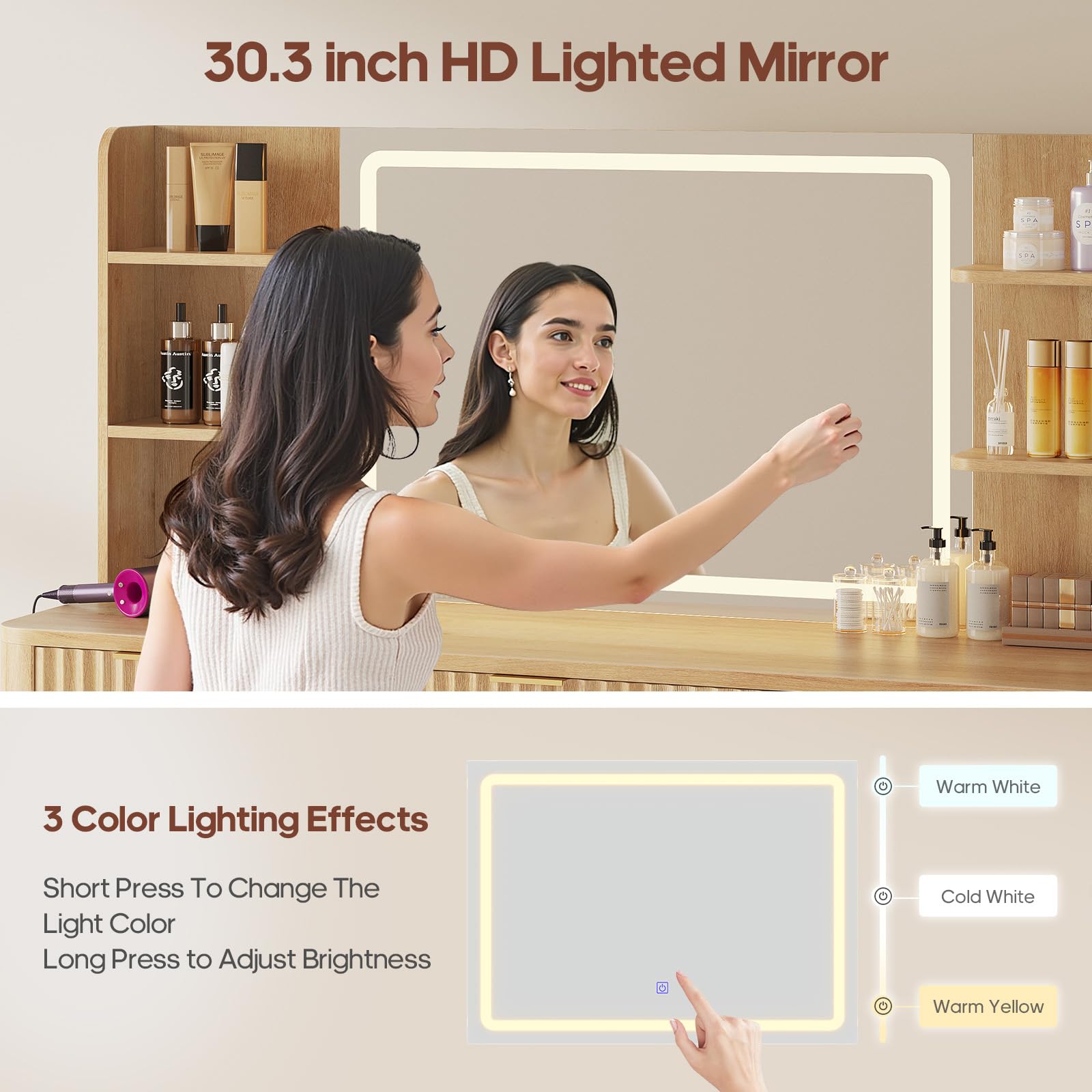 51.2" Fluted Makeup Vanity Desk with Mirror and Lights