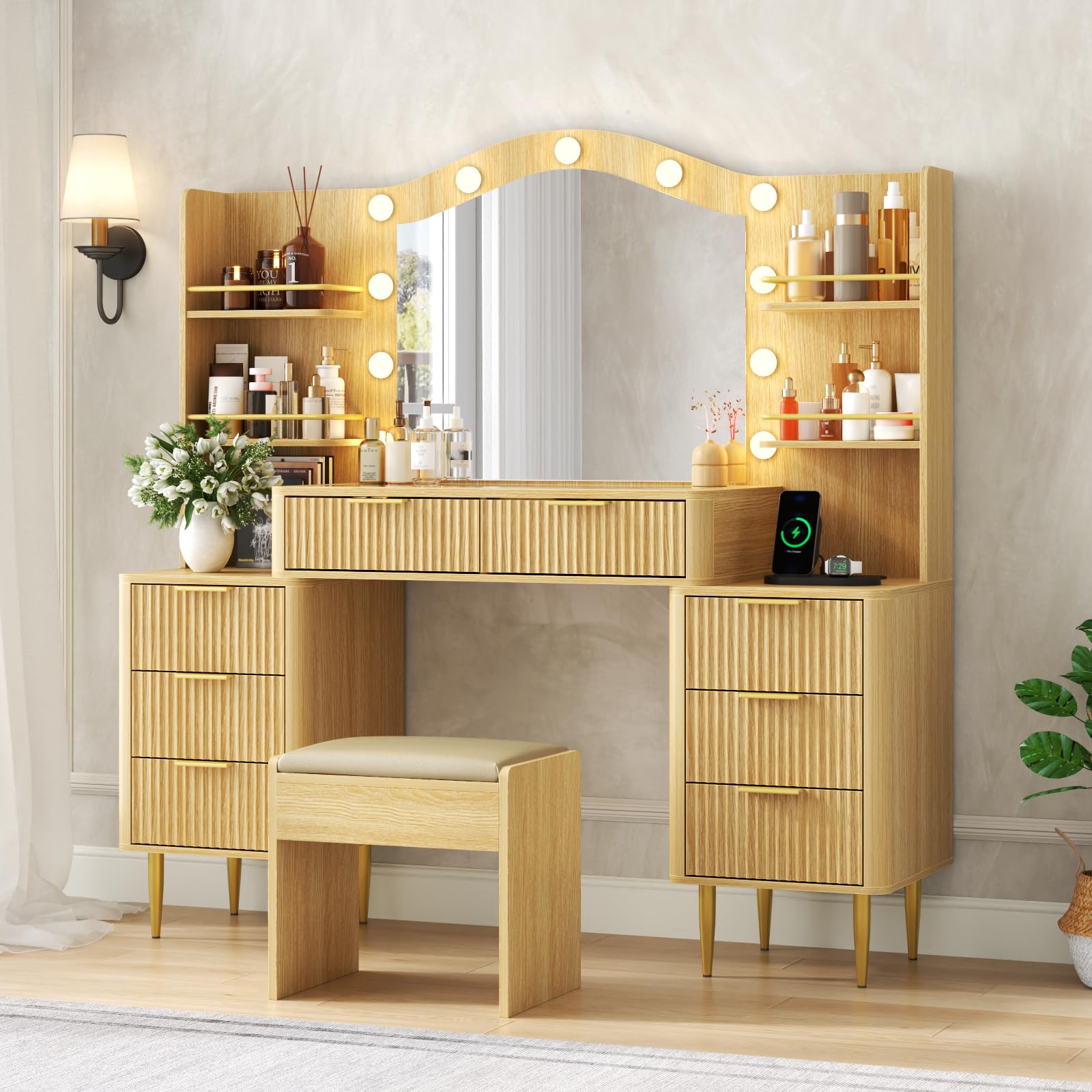 55" Fluted Vanity Desk with Mirror and Lights